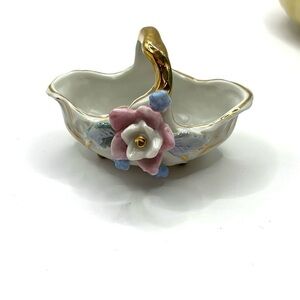 Pink and Blue Floral Porcelain Basket Gold Tone Mini